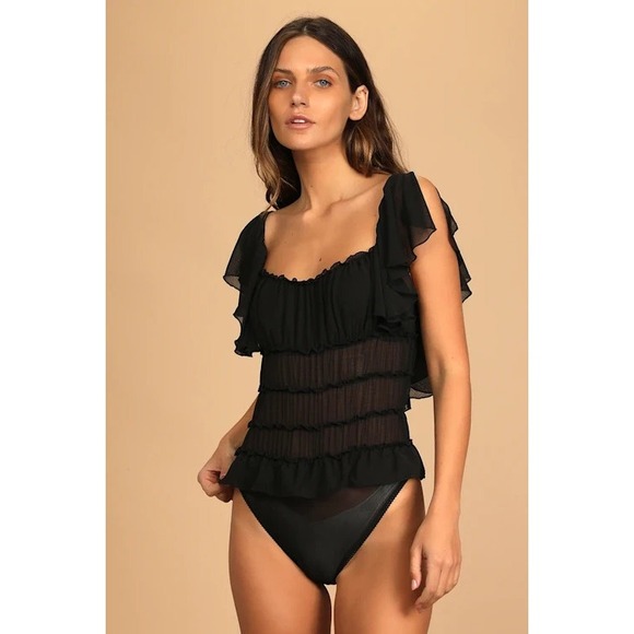 Intimately Free People Juliet Ruffle Bodysuit Women Sz M Black Sheer Square Neck - Picture 3 of 14